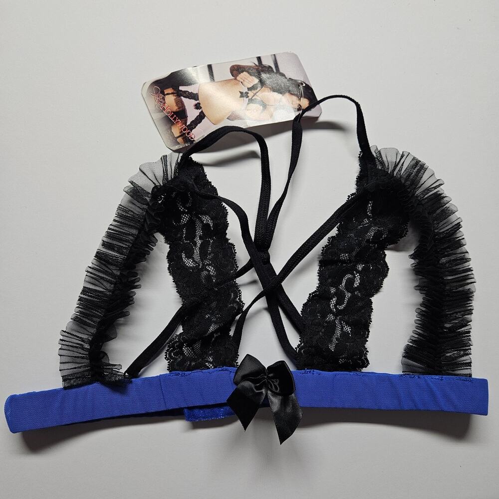 Shirley of Hollywood Open Cups Blue Black Lace Mesh Lingerie Sz Large NWT